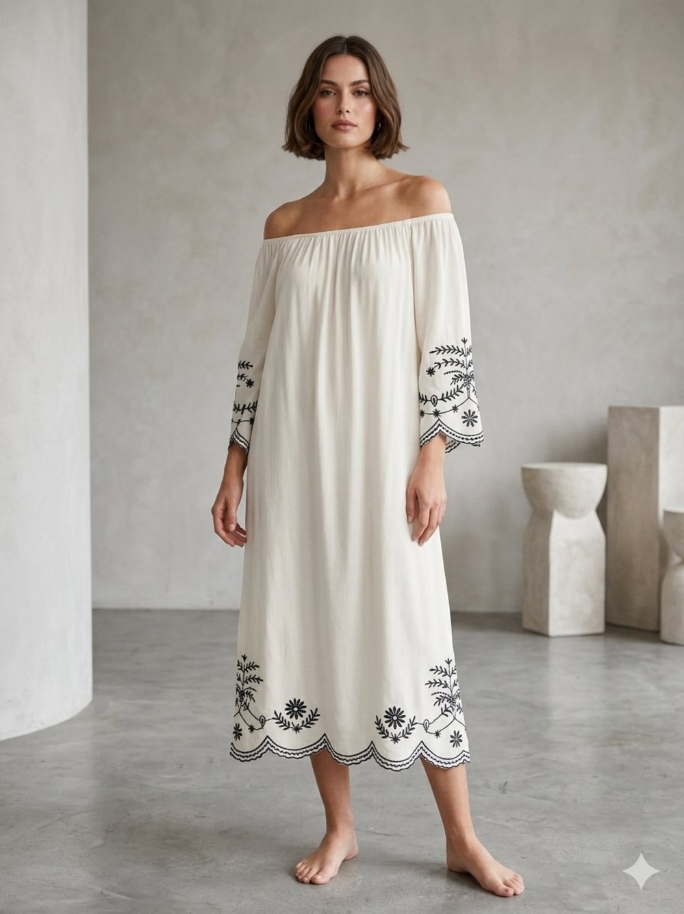 Off-Shoulder Embroidered Midi Dress in Cream with Black Accents